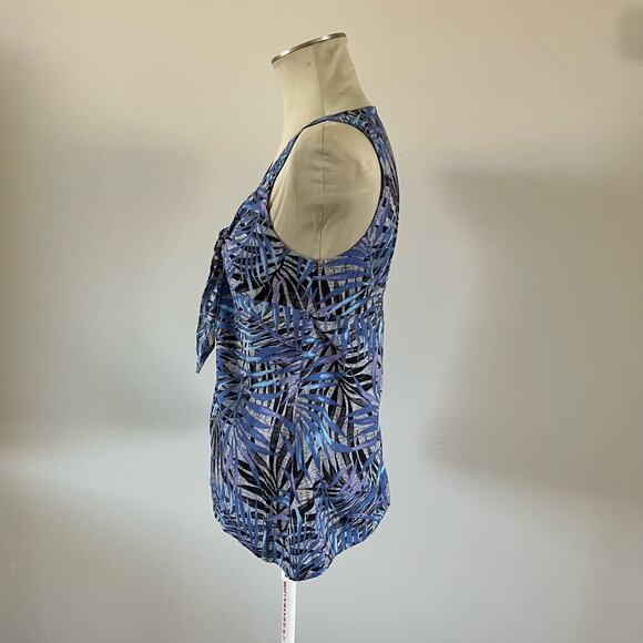 Aloha Hut Hawaii Blue Palm Print Tie Front Bow Blouse Women's Size L - Picture 4 of 9